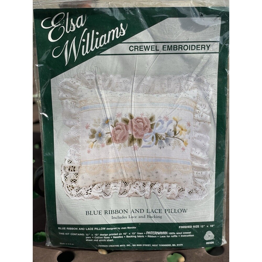 Elsa Williams Crewel Embroidery Blue Ribbon And Lace Pillow Kit Floral 12X10 USA